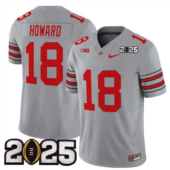 Mens Ohio State Buckeyes #18 Will Howard Grey 2025 CFP Final Patch F.U.S.E. Vapor Limited Stitched Football Jersey->ohio state buckeyes->NCAA Jersey